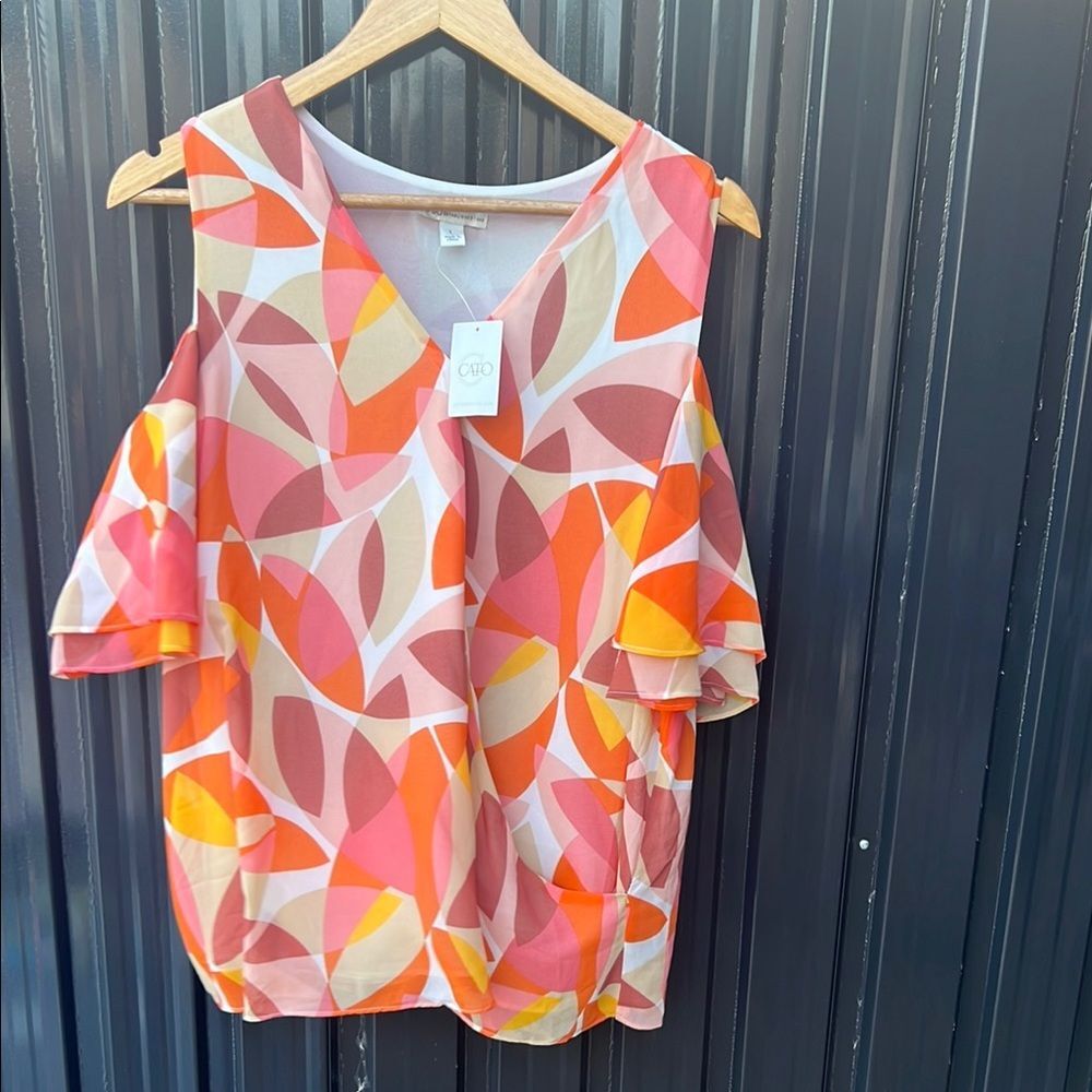 Cato Pink Orange Yellow Abstract Graphic Cold Shoulder Blouse L Large NWT Ruffle